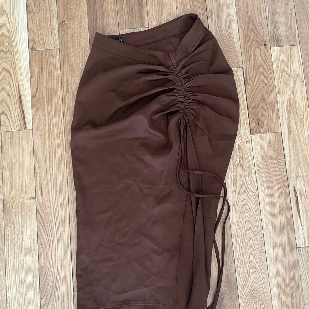 Brown Woven Ruched Detail Midi Skirt